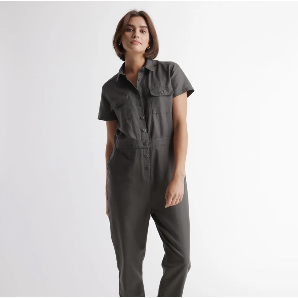 Quince Cotton Linen Twill Short Sleeve Coverall Jumpsuit Charcoal Large NWT